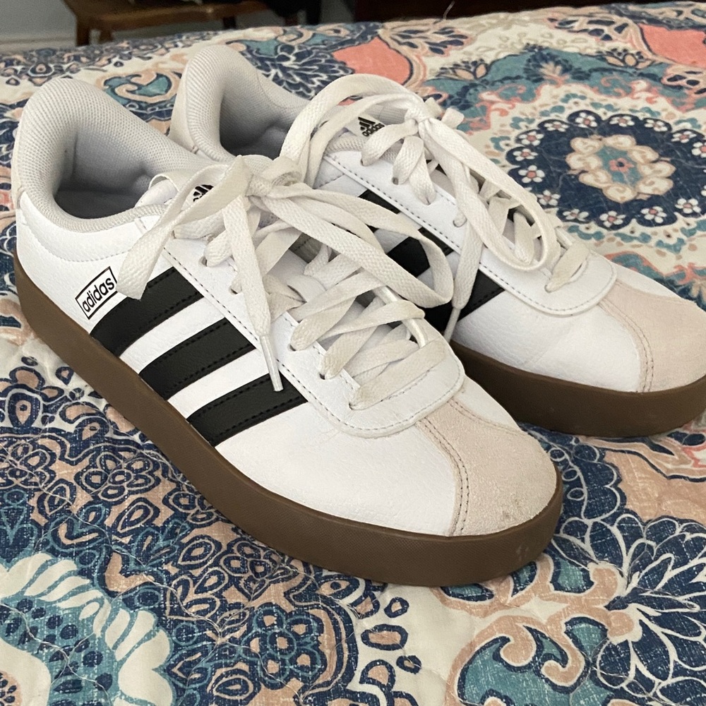 Adidas White and Black Sneakers with Brown Sole